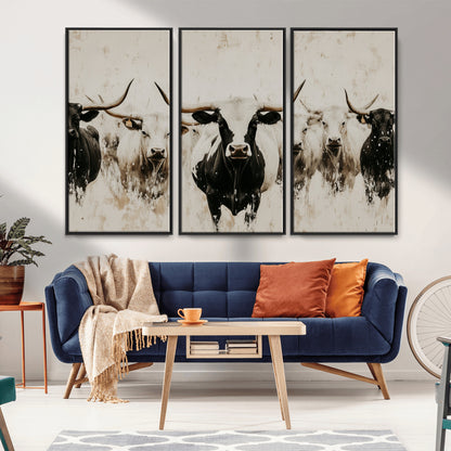 12027562-MGV-CV-36X24-Longhorn Cattle Wall Art Canvas Print, Framed Bison Herd Art Picture Print, Cattle Group Perfect Rustic Farmhouse Decor Artwork
