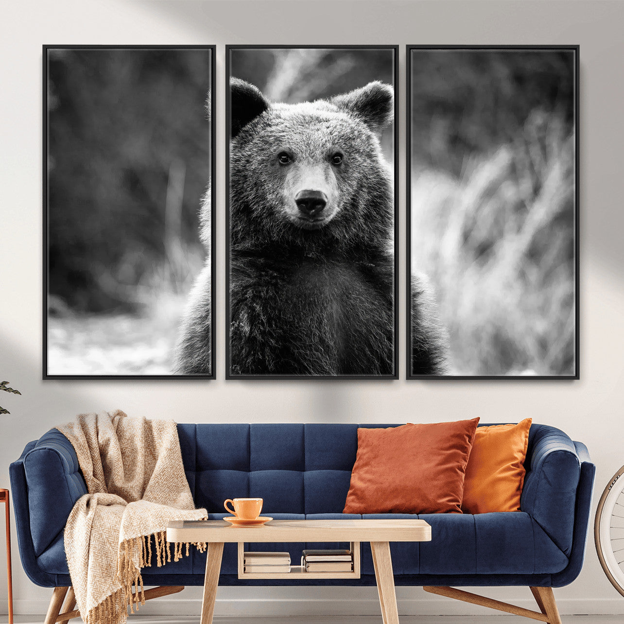 MGV-FC-48X32-3P - Grizzly Bear Wall Art Canvas Print, Framed Black White Bear Art Picture Print, Wild Bear Perfect Rustic Wildlife Decor Artwork