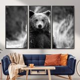 MGV-FC-48X32-3P - Grizzly Bear Wall Art Canvas Print, Framed Black White Bear Art Picture Print, Wild Bear Perfect Rustic Wildlife Decor Artwork