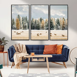 64188182-MGV-CV-36X24-Elk Herd Wall Art Canvas Print, Framed Snowy Forest Art Picture Print, Forest Elks Perfect Neutral Rustic Decor Artwork