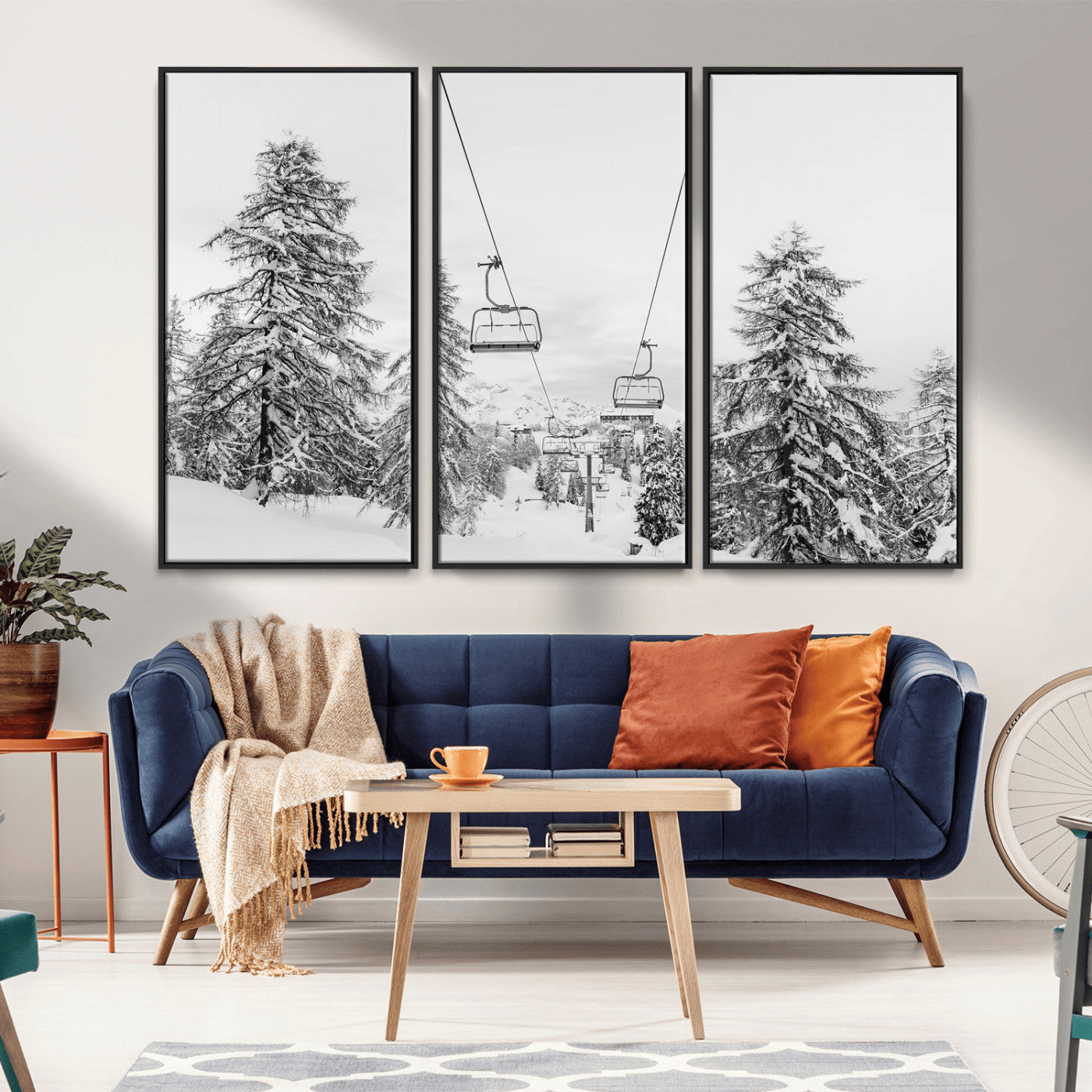 55003599-MGV-CV-36X24-Snowy Ski Lift Wall Art Canvas Print, Framed Winter Forest Art Picture Print, Ski lift Ride Perfect Winter Lodge Decor Artwork