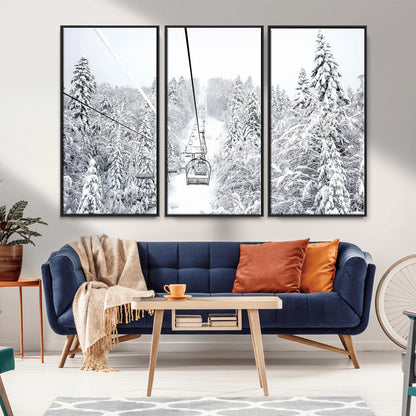 60296839-MGV-CV-36X24-Snowy Mountains Wall Art Canvas Print, Framed Ski Lift Art Picture Print, Winter Forest Perfect Winter Minimalist Decor Artwork