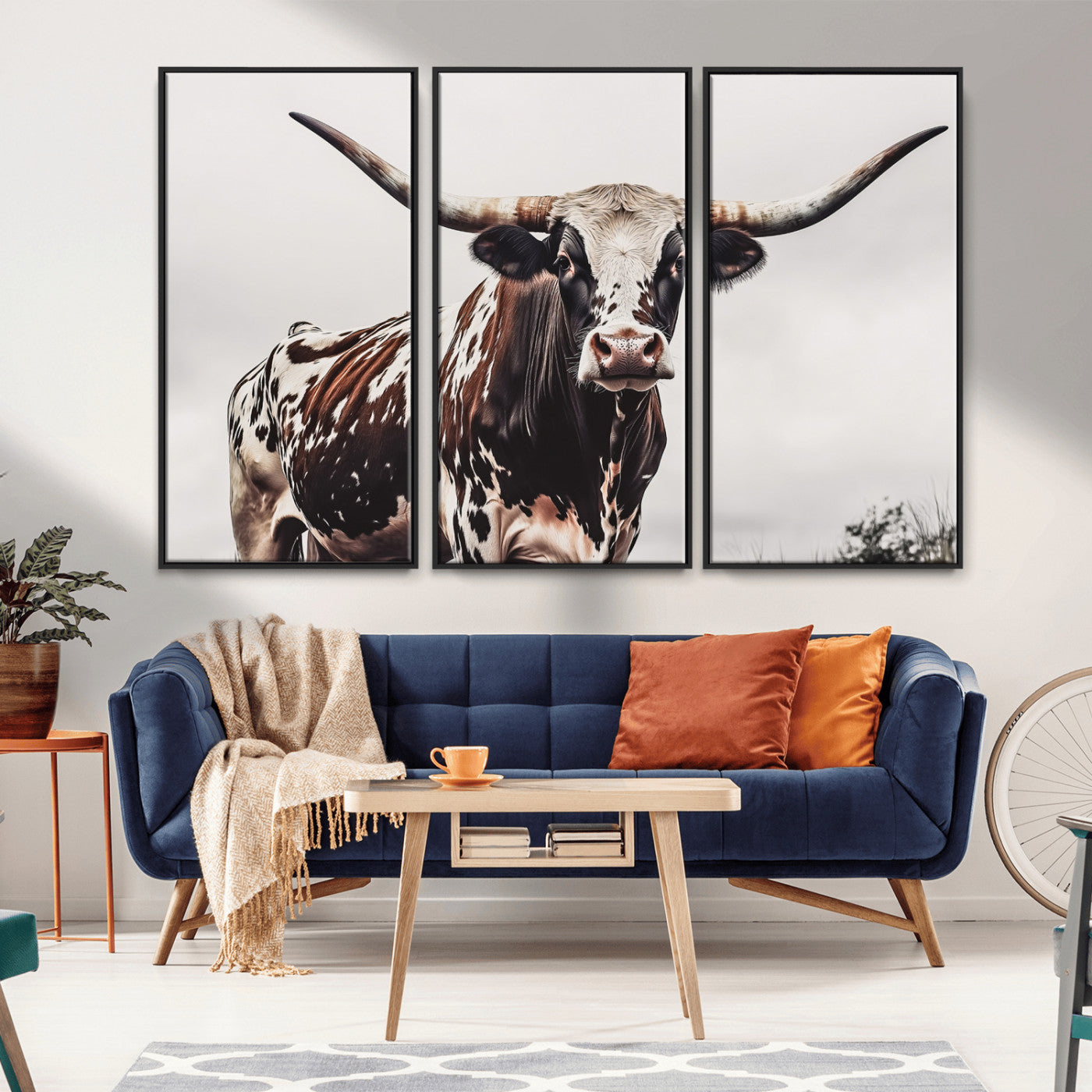 95249234-MGV-CV-36X24-Texas Longhorn Wall Art Canvas Print, Framed Spotted Bull Art Picture Print, Horned Cattle Perfect Rustic Farmhouse Decor Artwork