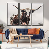 95249234-MGV-CV-36X24-Texas Longhorn Wall Art Canvas Print, Framed Spotted Bull Art Picture Print, Horned Cattle Perfect Rustic Farmhouse Decor Artwork