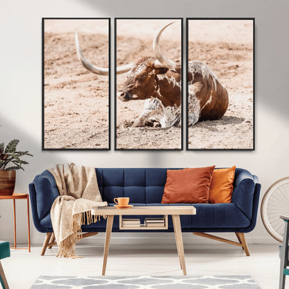 91248682-MGV-CV-36X24-Texas Longhorn Wall Art Canvas Print, Framed Resting Bull Art Picture Print, Spotted Cattle Perfect Rustic Western Decor Artwork