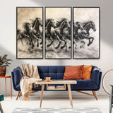 56089591-MGV-FC-48X32-3P_Black-Galloping Horses Wall Art Canvas Print, Framed Wild Stallions Art Picture Print, Horse Herd Sketch Perfect Monochrome Dynamic