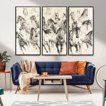 19433417-MGV-CV-36X24-Running Horses Wall Art Canvas Print, Framed Horse Sketch Art Picture Print, Galloping Herd Perfect Monochrome Western Decor