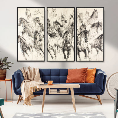 19433417-MGV-CV-36X24-Running Horses Wall Art Canvas Print, Framed Horse Sketch Art Picture Print, Galloping Herd Perfect Monochrome Western Decor