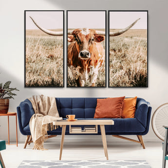 54986862-MGV-FC-48X32-3P_Black-Majestic Longhorn Wall Art – Canvas Print of Graceful Strength & Bold Spirit, Wild Plains Beauty Nature Inspired Rustic Decor for