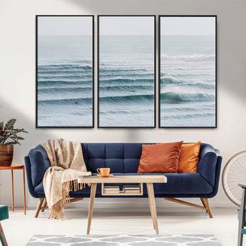 73969318-MGV-CV-36X24-Ocean Waves Wall Art Canvas Print, Framed Surfer Lineup Art Picture Print, Crowded Ocean Perfect Minimal Coastal Decor Artwork