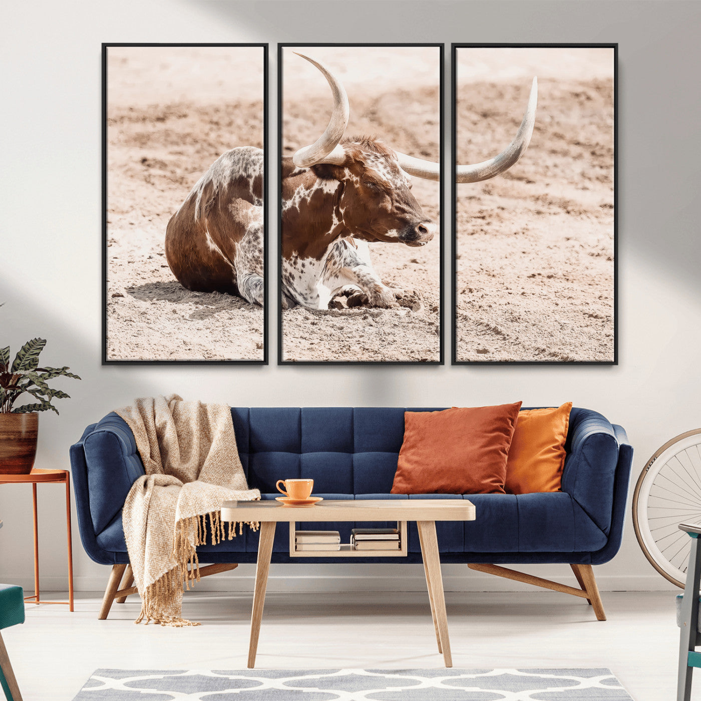 25407592-MGV-FC-48X32-3P_Black-Texas Longhorn Wall Art Canvas Print, Framed Resting Bull Art Picture Print, Spotted Cattle Perfect Rustic Western Decor Artwork