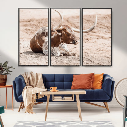 25407592-MGV-FC-48X32-3P_Black-Texas Longhorn Wall Art Canvas Print, Framed Resting Bull Art Picture Print, Spotted Cattle Perfect Rustic Western Decor Artwork