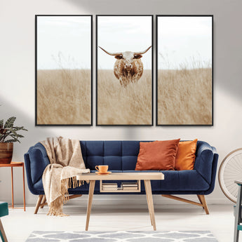 20927060-MGV-FC-48X32-3P_Black-Texas Longhorn Wall Art Canvas Print, Framed Lone Cattle Art Picture Print, Longhorn Bull Perfect Rustic Western Decor Artwork