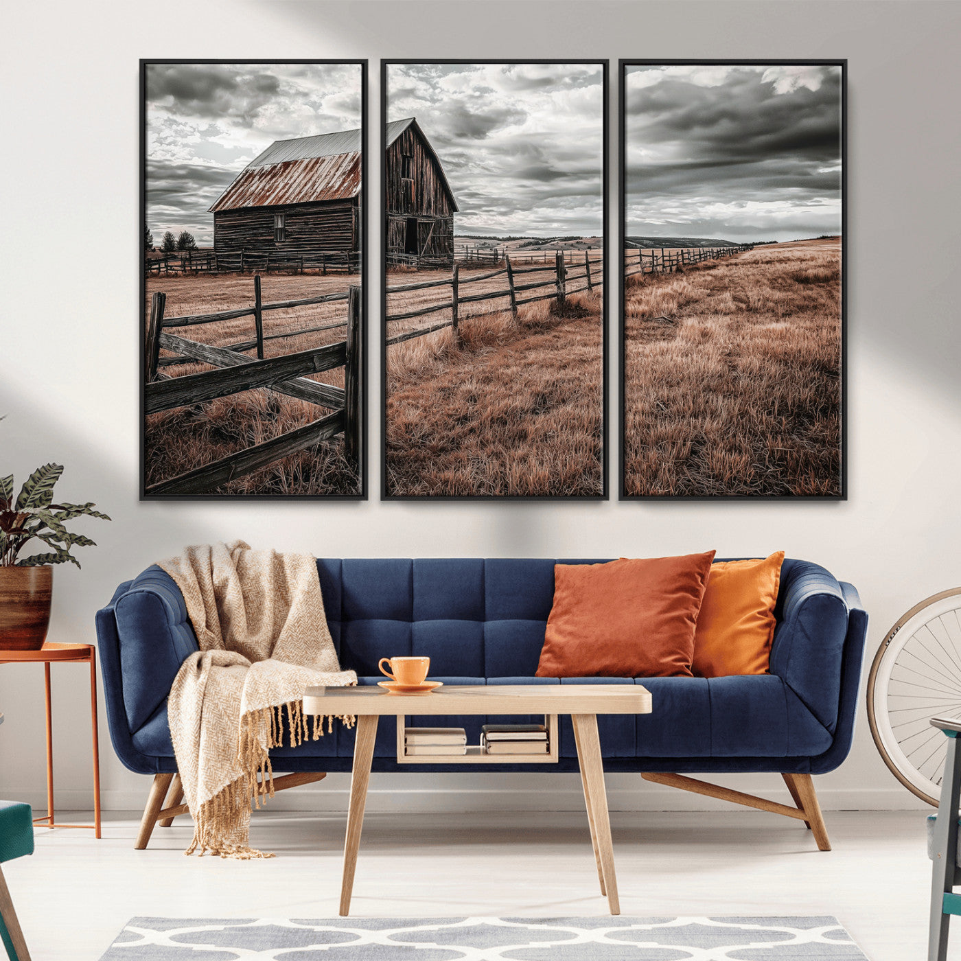 73898372-MGV-FC-48X32-3P_Black-Rustic Barn Wall Art Canvas Print, Framed Moody Field Art Picture Print, Weathered Fence Perfect Moody Farmhouse Decor Artwork