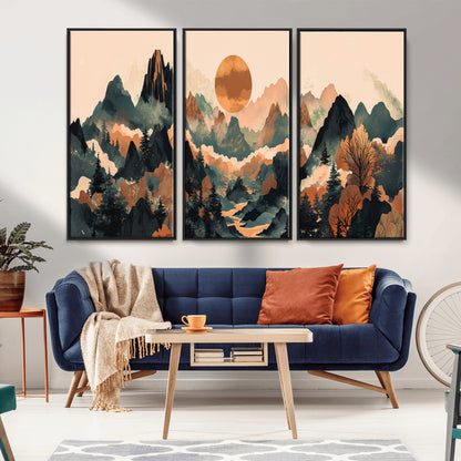 13012770-MGV-CV-36X24-Mountain Landscape Wall Art – Modern Nature Canvas Print with Sun, Misty Peaks, and Forest in Orange and Green Tones for Living