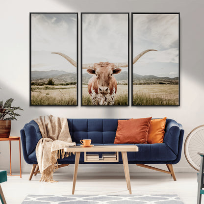 80054319-MGV-FC-48X32-3P_Black-Texas Longhorn Wall Art Canvas Print, Framed Western Cow Art Picture Print, Rustic Farmhouse Perfect Farmhouse Decor Artwork
