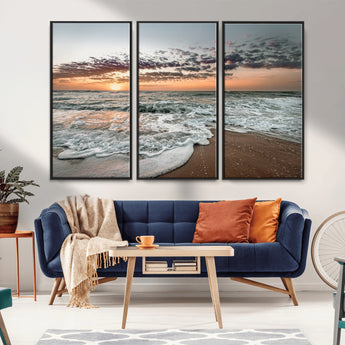 40632752-MGV-FC-48X32-3P_Black-Ocean Sunset Wall Art Canvas Print, Framed Beach Waves Art Picture Print, Coastal Scene Perfect Coastal Decor Artwork