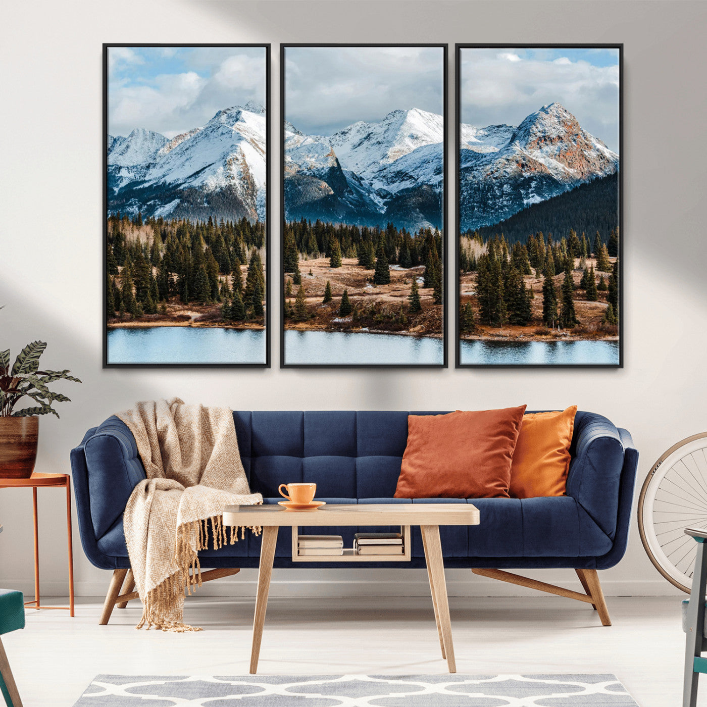 36247746-MGV-FC-48X32-3P_Black-Snowy Peaks Wall Art Canvas Print, Framed Alpine Lake Art Picture Print, Pine Forest Perfect Alpine Wilderness Decor Artwork