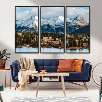 36247746-MGV-CV-36X24-Snowy Peaks Wall Art Canvas Print, Framed Alpine Lake Art Picture Print, Pine Forest Perfect Alpine Wilderness Decor Artwork