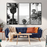 89458520-MGV-CV-36X24-Palm Trees Wall Art Canvas Print, Framed Coastal View Art Picture Print, Ocean Horizon Perfect Monochrome Coast Decor Artwork