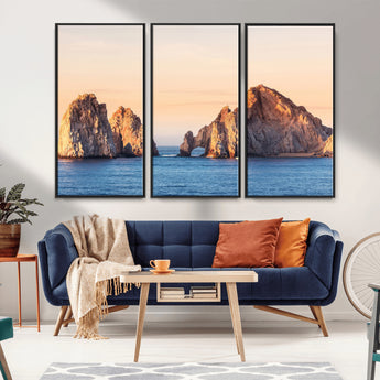 72996116-MGV-FC-48X32-3P_Black-El Arco Wall Art Canvas Print, Framed Cabo Rocks Art Picture Print, Ocean Arch Perfect Golden Coastal Landmark Decor Artwork