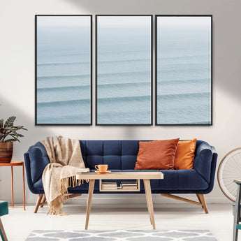 47814787-MGV-FC-48X32-3P_Black-Ocean Waves Wall Art Canvas Print, Framed Solo Surfer Art Picture Print, Wave Lines Perfect Minimalist Ocean Decor Artwork