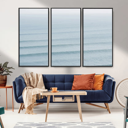 47814787-MGV-FC-48X32-3P_Black-Ocean Waves Wall Art Canvas Print, Framed Solo Surfer Art Picture Print, Wave Lines Perfect Minimalist Ocean Decor Artwork