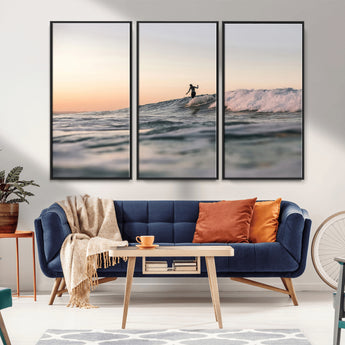 58502923-MGV-FC-48X32-3P_Black-Wave Rider Wall Art Canvas Print, Framed Ocean Wave Art Picture Print, Riding Surf Perfect Sunset Surf Decor Artwork