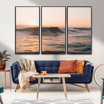 46299358-MGV-FC-48X32-3P_Black-Sunset Waves Wall Art Canvas Print, Framed Ocean Horizon Art Picture Print, Golden Water Perfect Golden Hour Coastal Decor Artwork