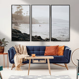 62501405-MGV-CV-36X24-Misty Beach Wall Art Canvas Print, Framed California Surfer Art Picture Print, Coastal Cliff Perfect Coastal Beach Decor Artwork