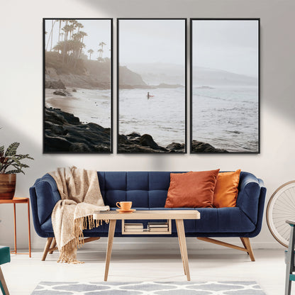 62501405-MGV-CV-36X24-Misty Beach Wall Art Canvas Print, Framed California Surfer Art Picture Print, Coastal Cliff Perfect Coastal Beach Decor Artwork