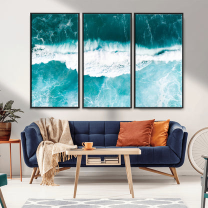23828594-MGV-CV-36X24-Aerial Waves Wall Art Canvas Print, Framed Ocean Break Art Picture Print, Sea Foam Perfect Tropical Coastal Decor Artwork