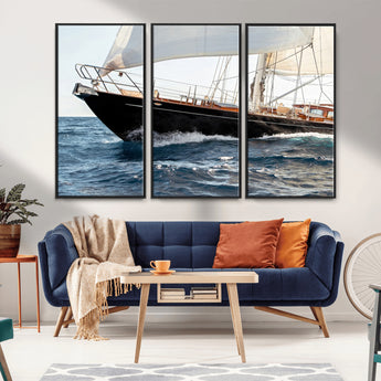 97168626-MGV-CV-36X24-Sailing Yacht Wall Art Canvas Print, Framed Wooden Yacht Art Picture Print, Ocean Waves Perfect Nautical Coastal Decor Artwork