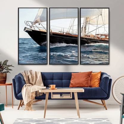 97168626-MGV-CV-36X24-Sailing Yacht Wall Art Canvas Print, Framed Wooden Yacht Art Picture Print, Ocean Waves Perfect Nautical Coastal Decor Artwork
