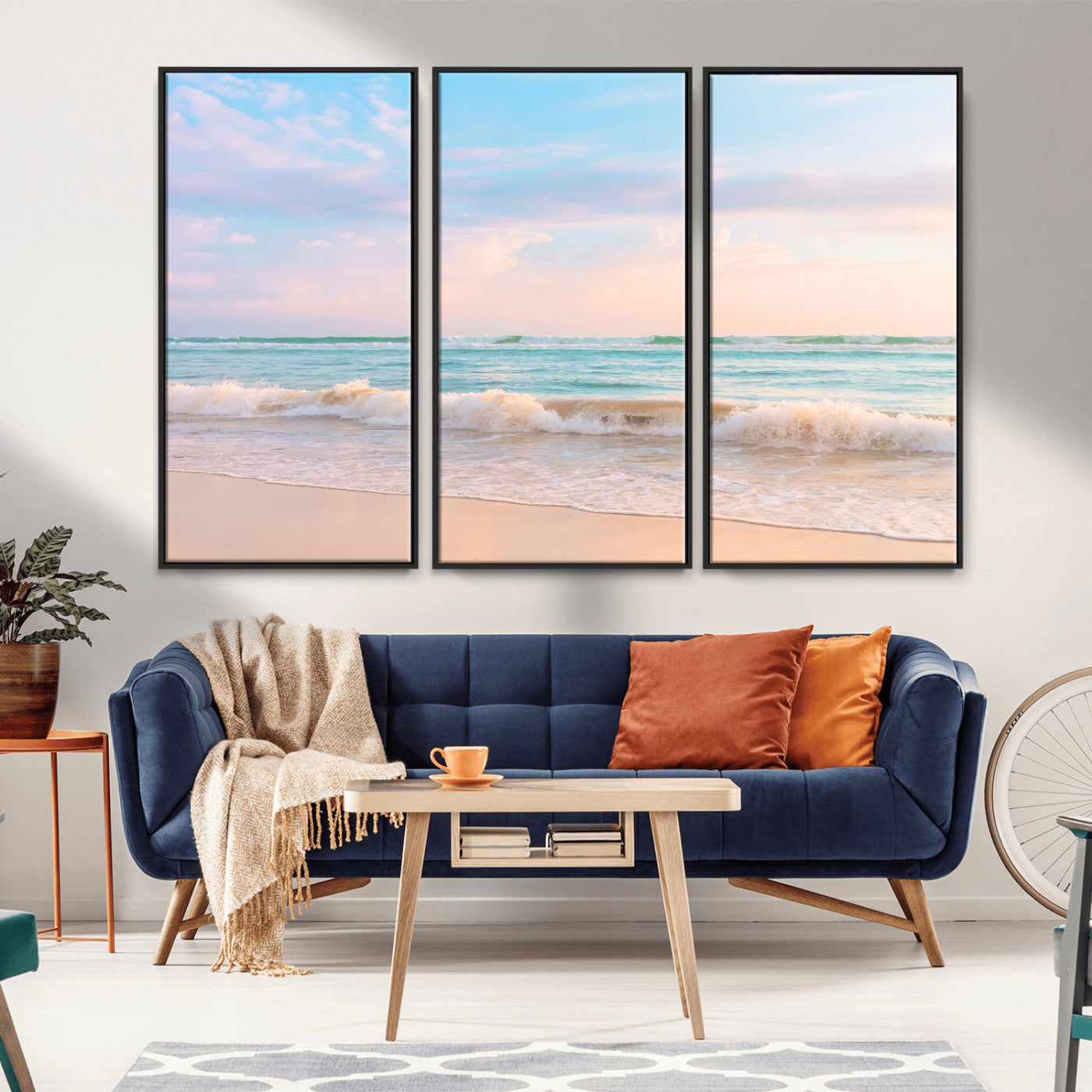 74679437-MGV-FC-48X32-3P_Black-Pastel Ocean Wall Art Canvas Print, Framed Beach Waves Art Picture Print, Soft Sunset Perfect Pastel Coastal Decor Artwork