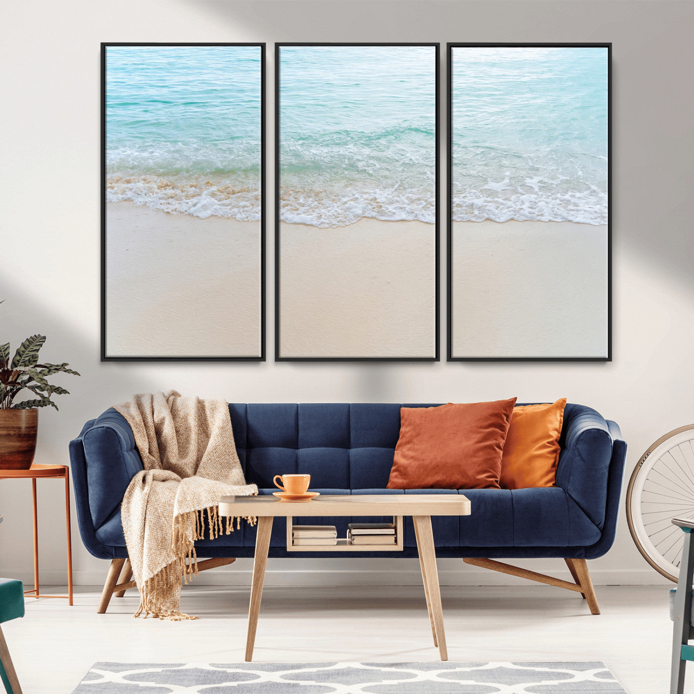 77194056-MGV-FC-48X32-3P_Black-Soft Shoreline Wall Art Canvas Print, Framed Gentle Waves Art Picture Print, Clear Water Perfect Minimalist Coastal Decor Artwork