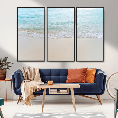 77194056-MGV-FC-48X32-3P_Black-Soft Shoreline Wall Art Canvas Print, Framed Gentle Waves Art Picture Print, Clear Water Perfect Minimalist Coastal Decor Artwork