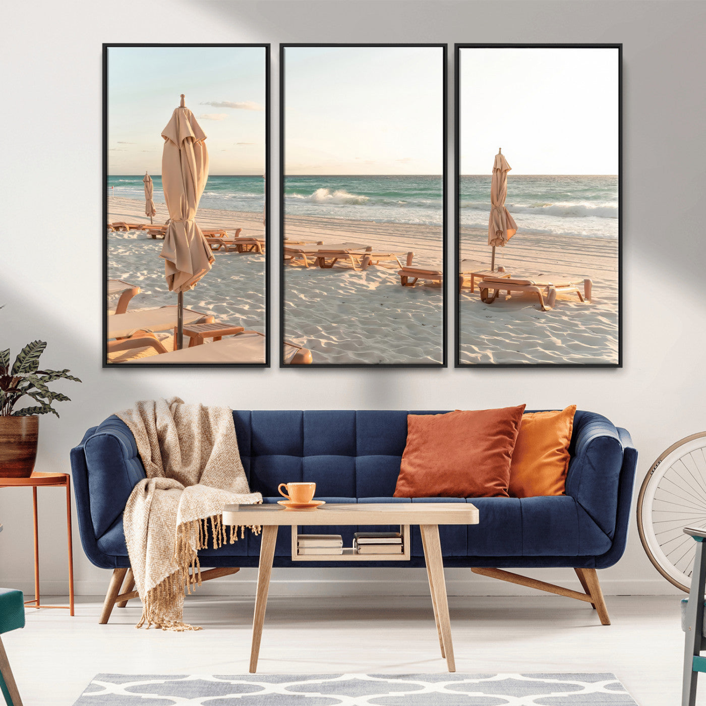 58507949-MGV-FC-48X32-3P_Black-Beach Umbrellas Wall Art Canvas Print, Framed Empty Loungers Art Picture Print, Soft Sand Perfect Minimalist Seaside Decor Artwork