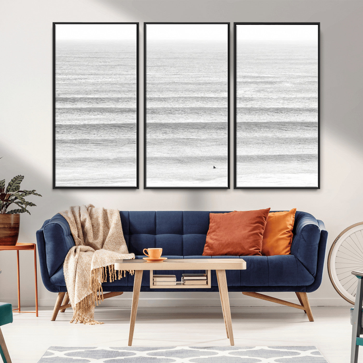 66534476-MGV-CV-36X24-Lone Surfer Wall Art Canvas Print, Framed Ocean Waves Art Picture Print, Minimal Sea Perfect Minimal Coastal Decor Artwork