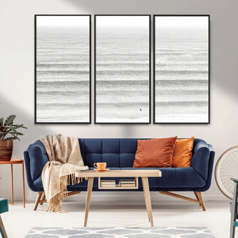 66534476-MGV-CV-36X24-Lone Surfer Wall Art Canvas Print, Framed Ocean Waves Art Picture Print, Minimal Sea Perfect Minimal Coastal Decor Artwork