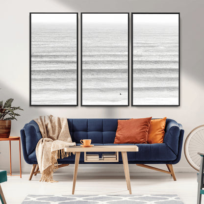 66534476-MGV-CV-36X24-Lone Surfer Wall Art Canvas Print, Framed Ocean Waves Art Picture Print, Minimal Sea Perfect Minimal Coastal Decor Artwork