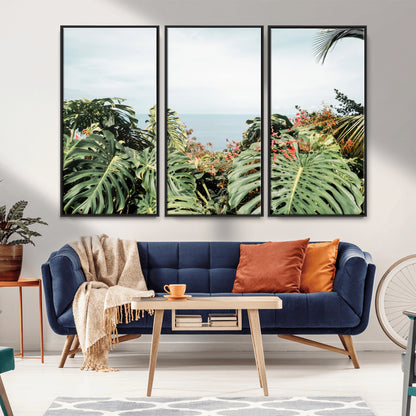 45700479-MGV-FC-48X32-3P_Black-Monstera Leaves Wall Art Canvas Print, Framed Tropical Ocean Art Picture Print, Tropical Foliage Perfect Tropical Coastal Jungle