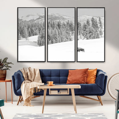 68081143-MGV-FC-48X32-3P_Black-Snowy Bison Wall Art Canvas Print, Framed Winter Forest Art Picture Print, Lone Bison Perfect Monochrome Winter Wild Decor Artwork