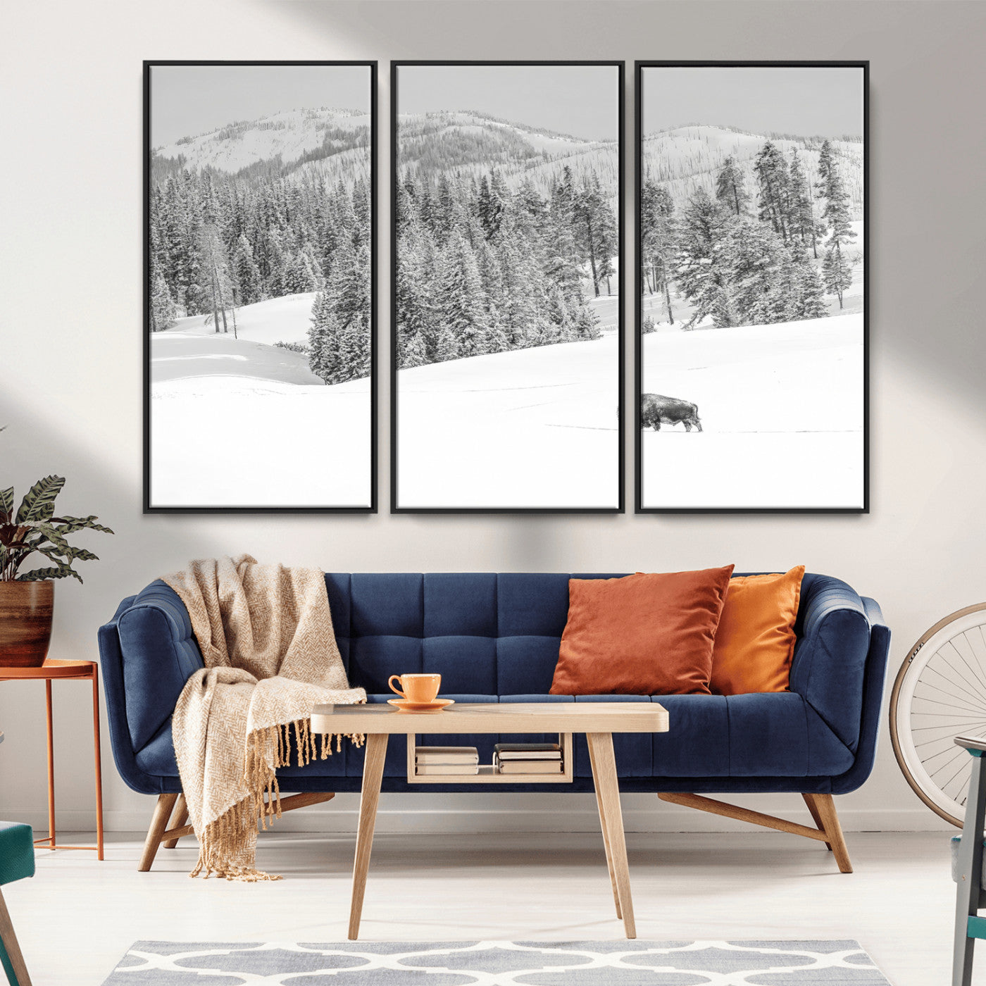 68081143-MGV-CV-36X24-Snowy Bison Wall Art Canvas Print, Framed Winter Forest Art Picture Print, Lone Bison Perfect Monochrome Winter Wild Decor Artwork