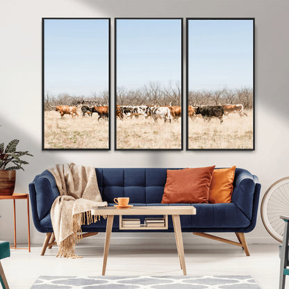 16563092-MGV-FC-48X32-3P_Black-Texas Longhorns Wall Art Canvas Print, Framed Western Cattles Art Picture Print, Rustic Herd Perfect Rustic Farmhouse Decor