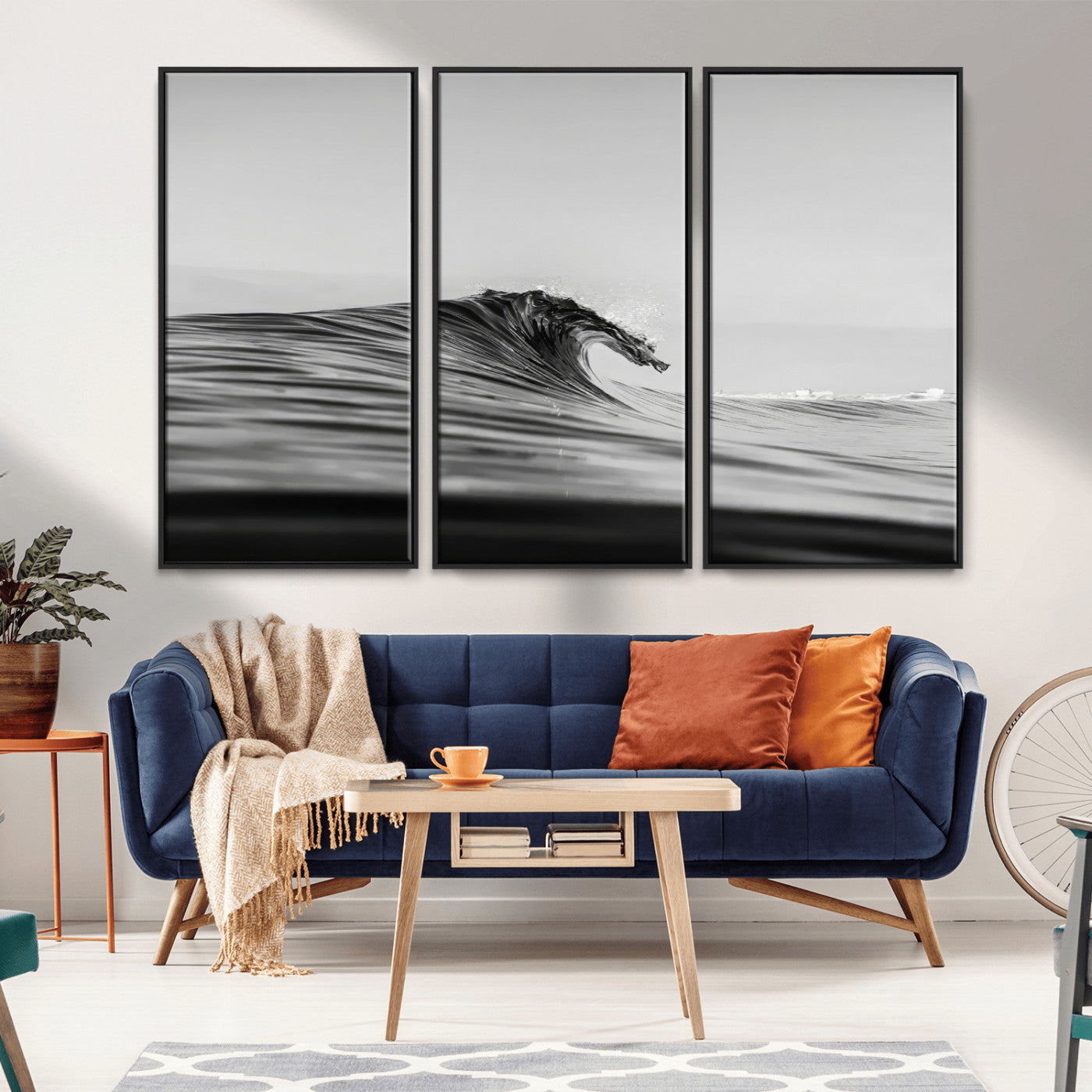 24029476-MGV-FC-48X32-3P_Black-Black Wave Wall Art Canvas Print, Framed Abstract Surf Art Picture Print, Minimalist Ocean Perfect Minimalist Coastal Decor