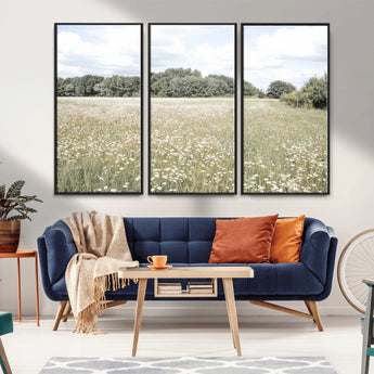 43258946-MGV-FC-48X32-3P_Black-Daisy Field Wall Art Canvas Print, Framed Pastel Flower Art Picture Print, Meadow Bloom Perfect Scandinavian Minimalist Decor
