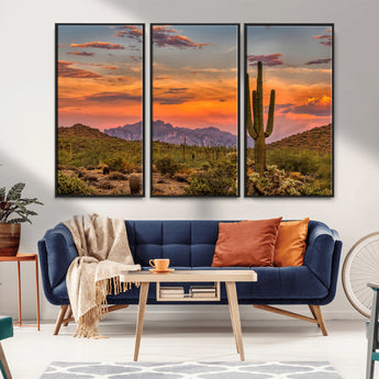 25332783-MGV-CV-36X24-Saguaro Cactus Wall Art Canvas Print, Framed Arizona Sunset Art Picture Print, Sonoran Desert Perfect Southwestern Boho Decor