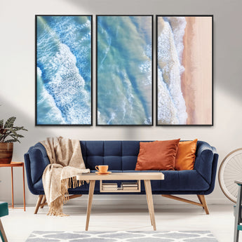 17641845-MGV-CV-36X24-Aerial Ocean Wall Art Canvas Print, Framed Blue Waves Art Picture Print, Sandy Shoreline Perfect Modern Coastal Decor Artwork