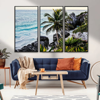 94669907-MGV-FC-48X32-3P_Black-Tropical Coastline Wall Art Canvas Print, Framed Palm Tree Art Picture Print, Rocky Beach Perfect Tropical Coastal Decor Artwork